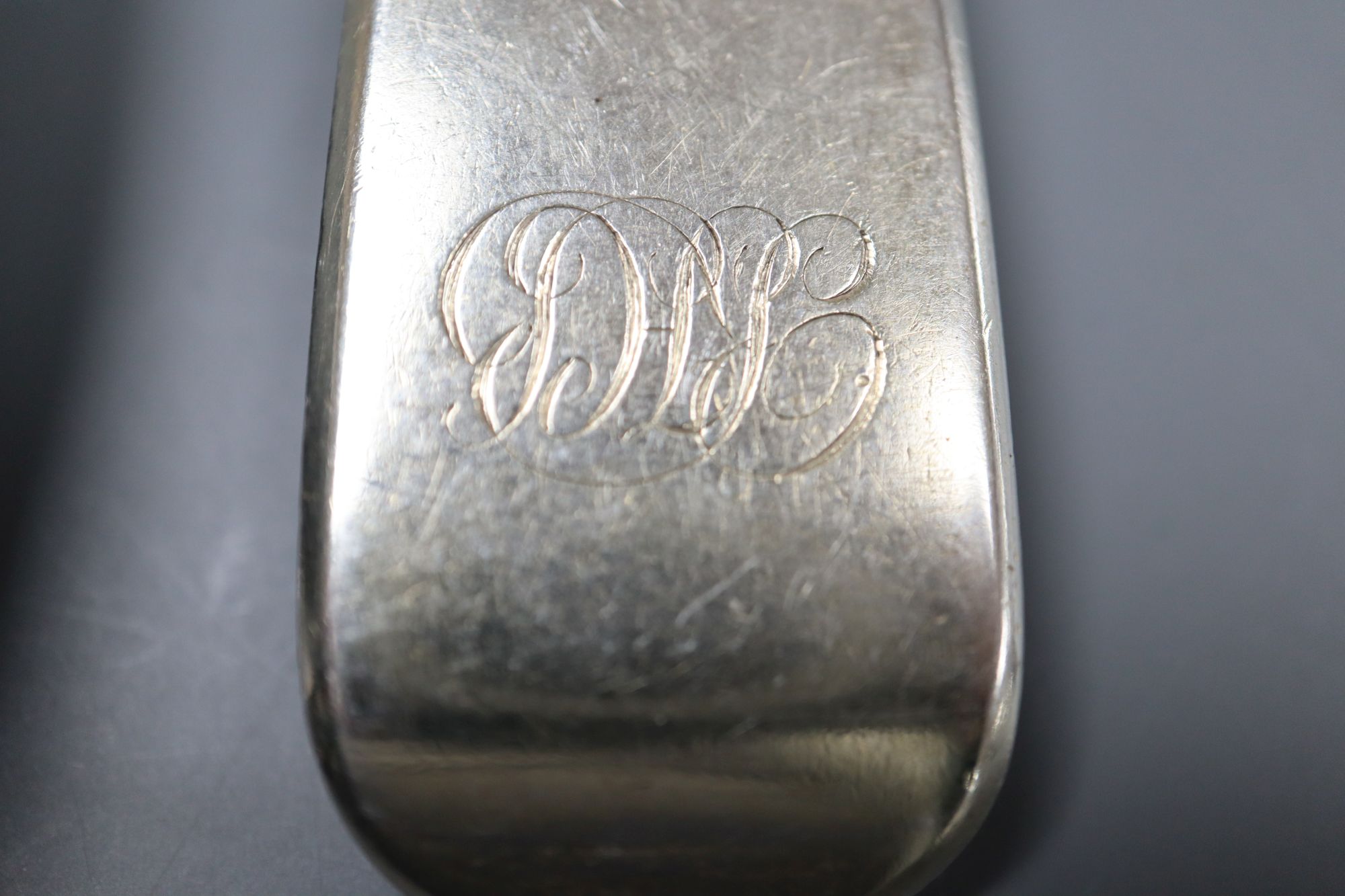 A set of six early Victorian silver fiddle pattern dessert spoons, Robert Wallace, London, 1844/6&7,